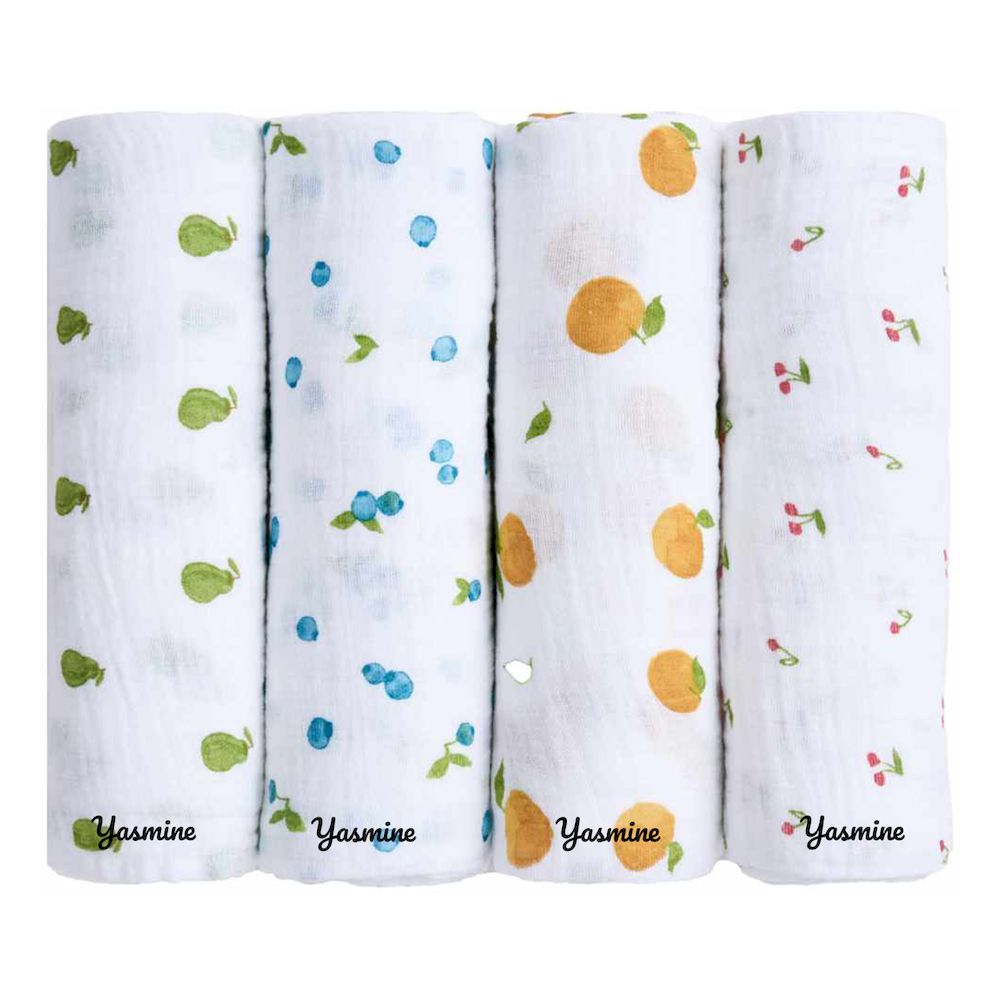 Aden + Anais - Personalized Organic Cotton Muslin Swaddles - Fresh Fruit - Pack of 4 - Large