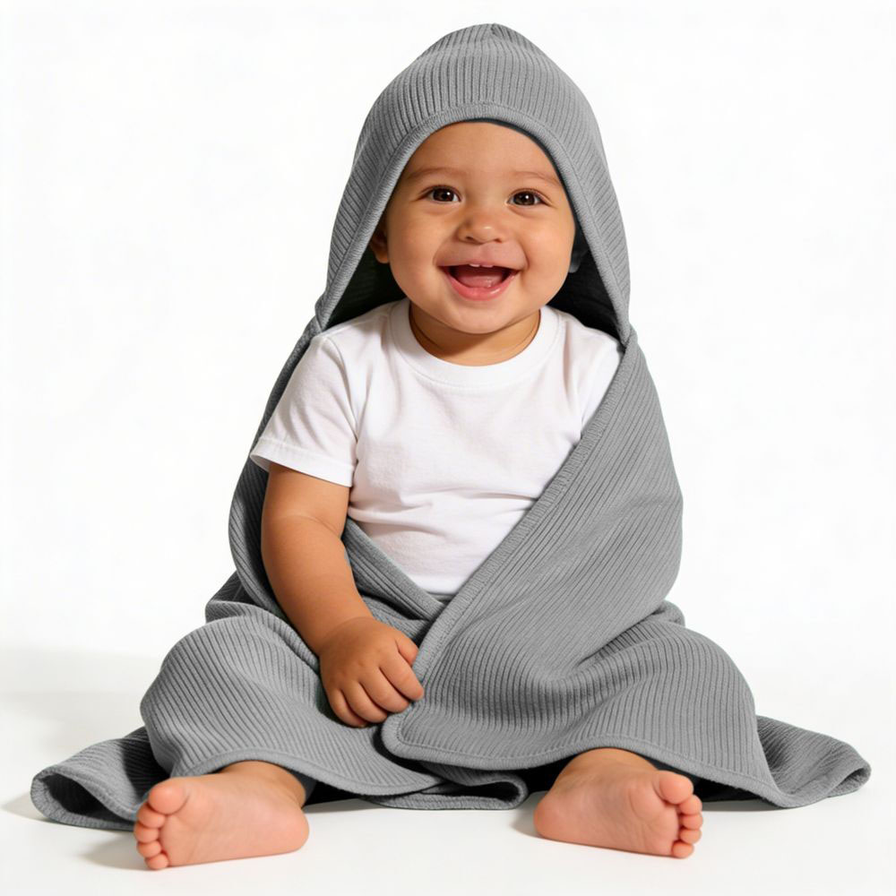 Babies Basic - 3pc-Set - Personalized Baby Ribbed Cotton Hooded Blanket
