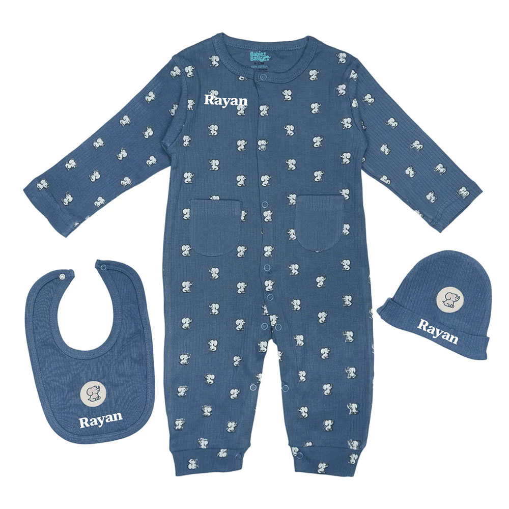 Babies Basic Personalized Baby Elephant Printed Sleepsuit with Beanie Cap and Bib - 3 Pcs