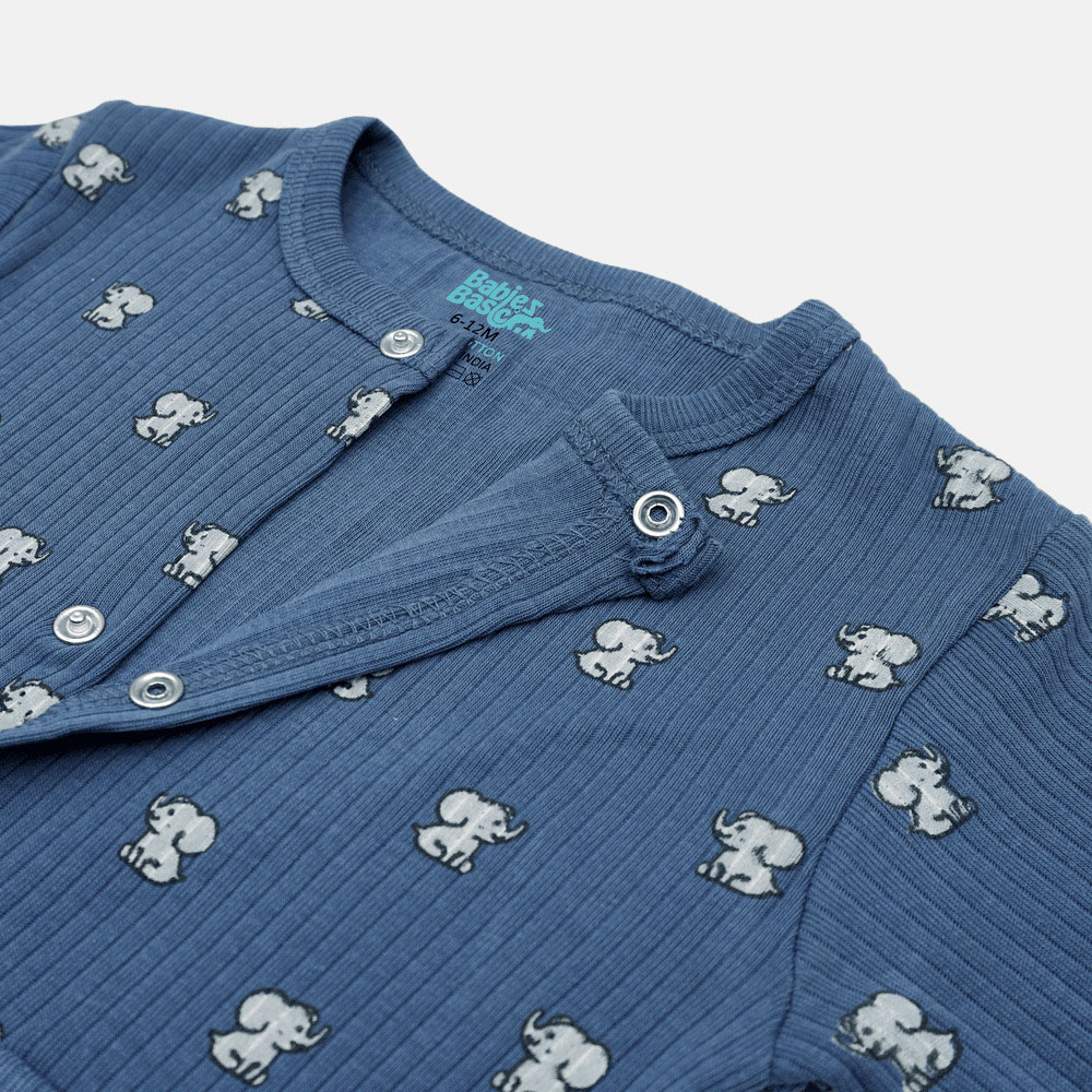 Babies Basic Personalized Baby Elephant Printed Sleepsuit with Beanie Cap and Bib - 3 Pcs