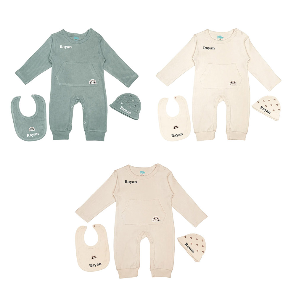 Babies Basic Personalized Baby Ribbed Full Sleeve Sleepsuit with Bib and Beanie - 3 Pcs