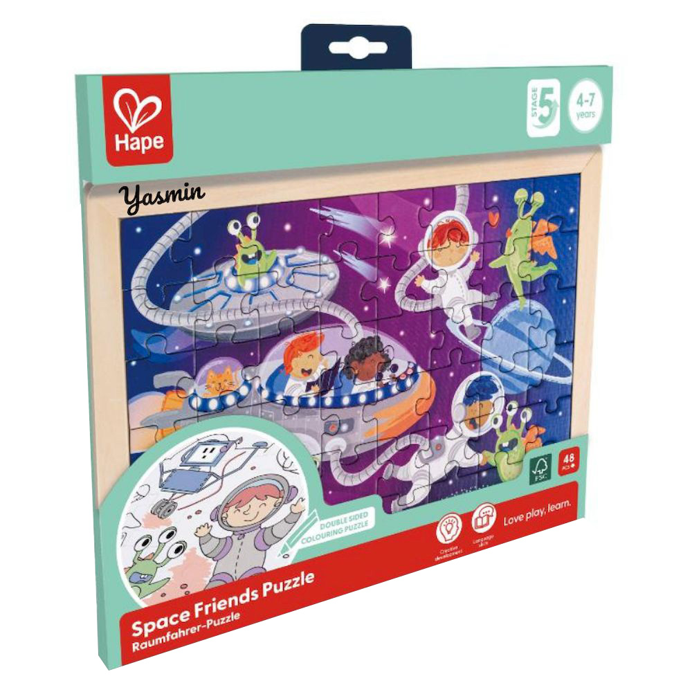 Hape - Personalized Space Friends Double Sided Coloring Jigsaw Puzzle - 48 Pc Set