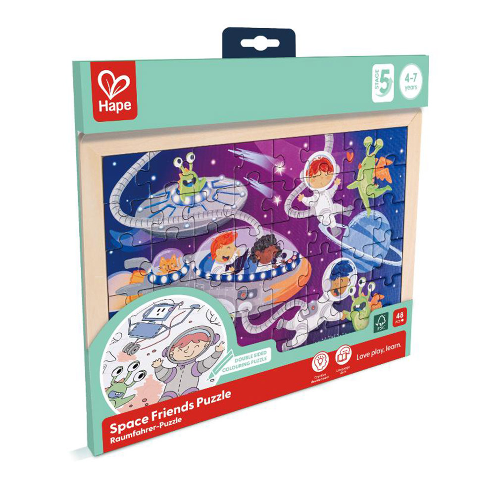 Hape - Personalized Space Friends Double Sided Coloring Jigsaw Puzzle - 48 Pc Set