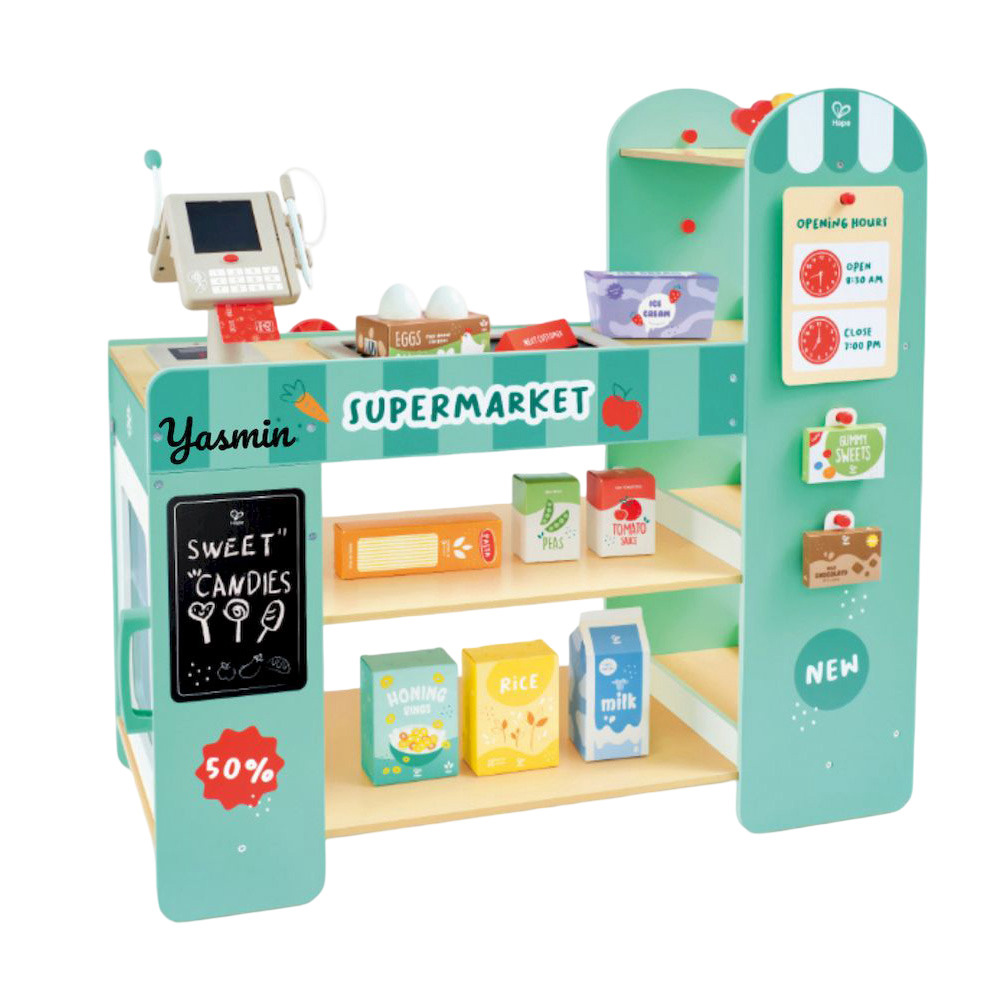 Hape - Personalized Smart And Wooden Supermarket Playset - 50 Pc Set