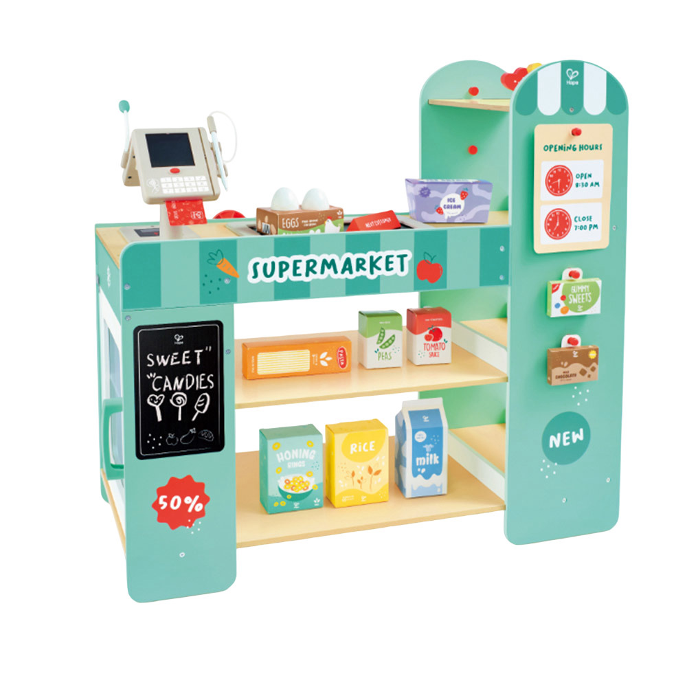 Hape - Personalized Smart And Wooden Supermarket Playset - 50 Pc Set