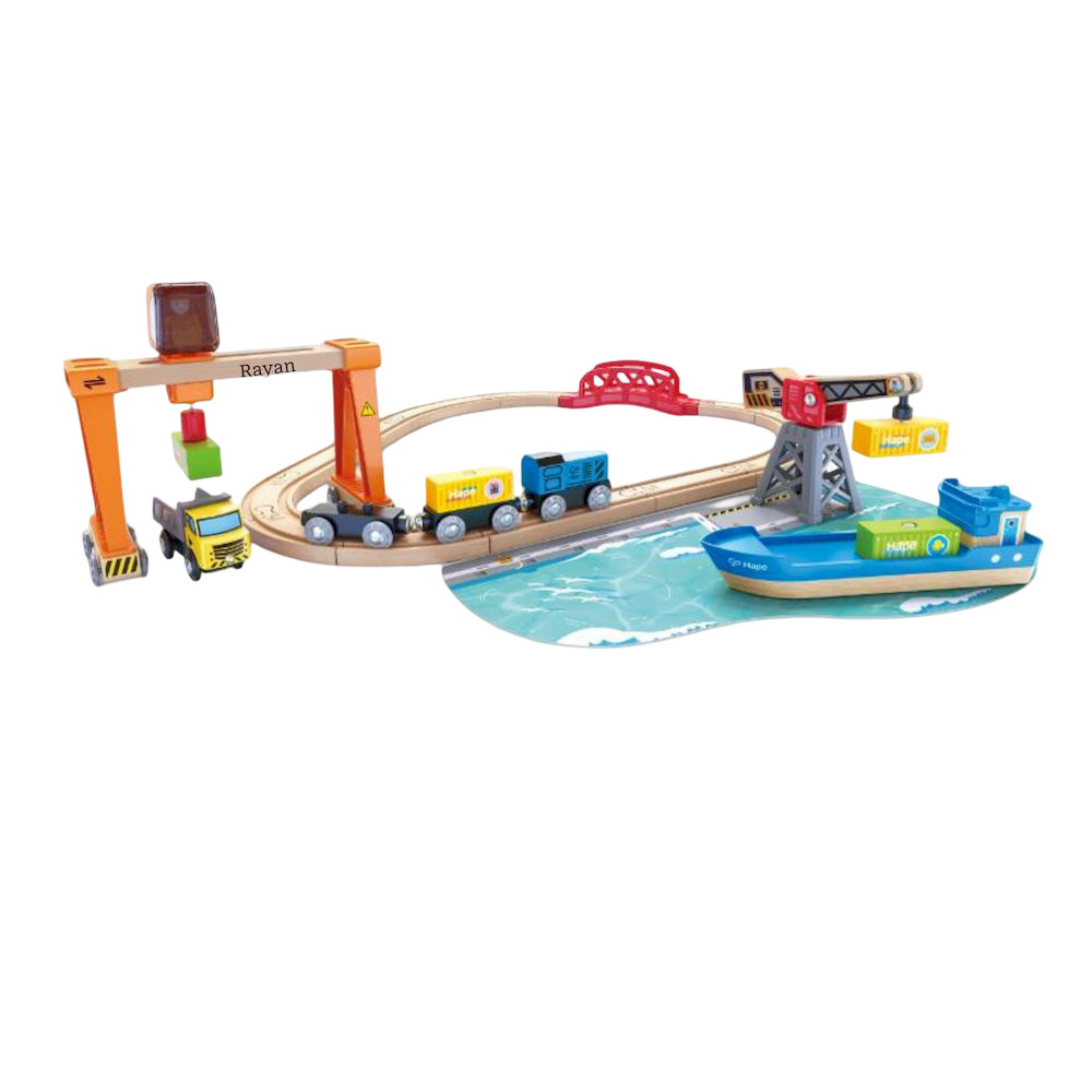 Hape - Personalized Lift And Load Harbour Train And Railway Set - 25 Pc Set