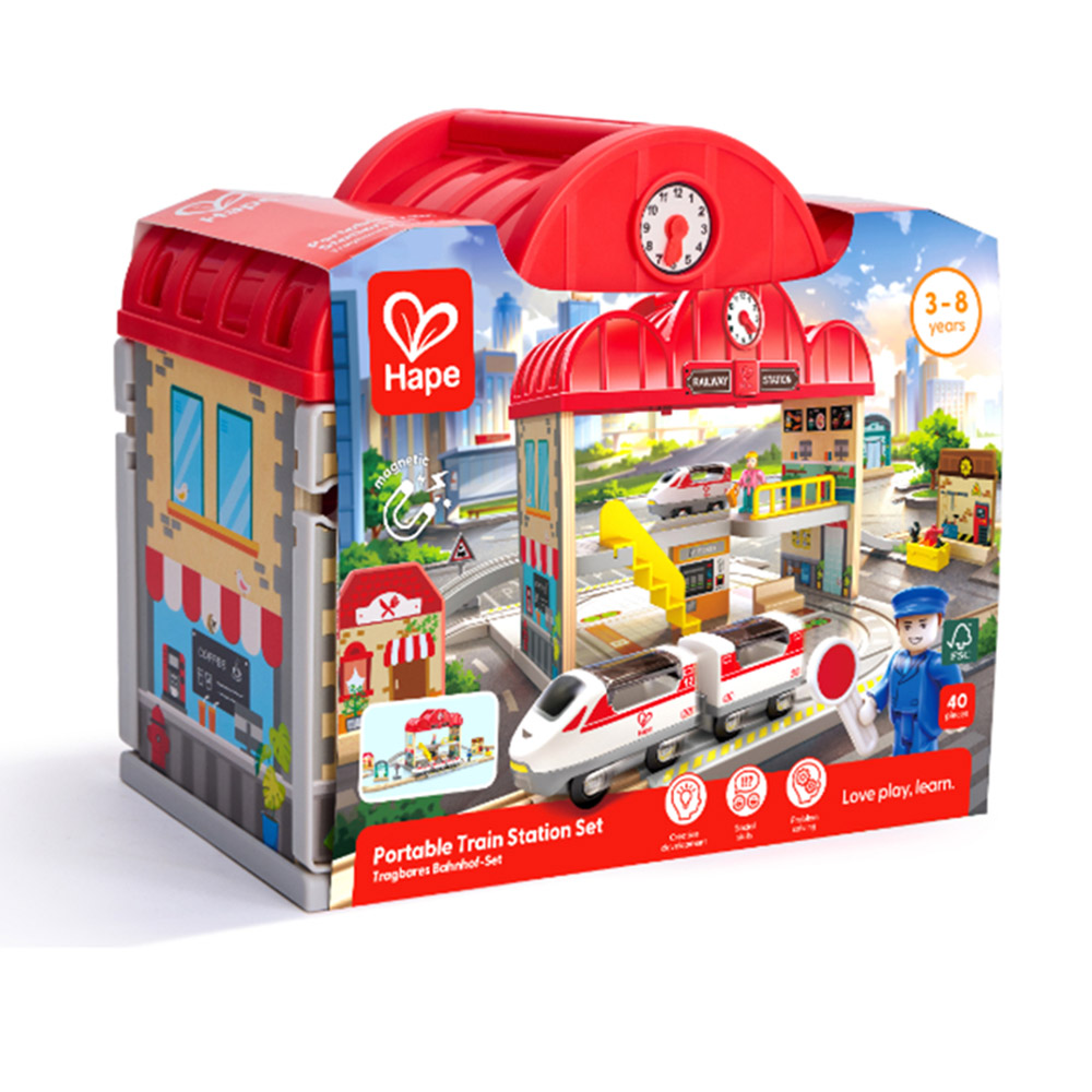 Hape - Personalized Portable Train Station Playset - 40 Pc Set