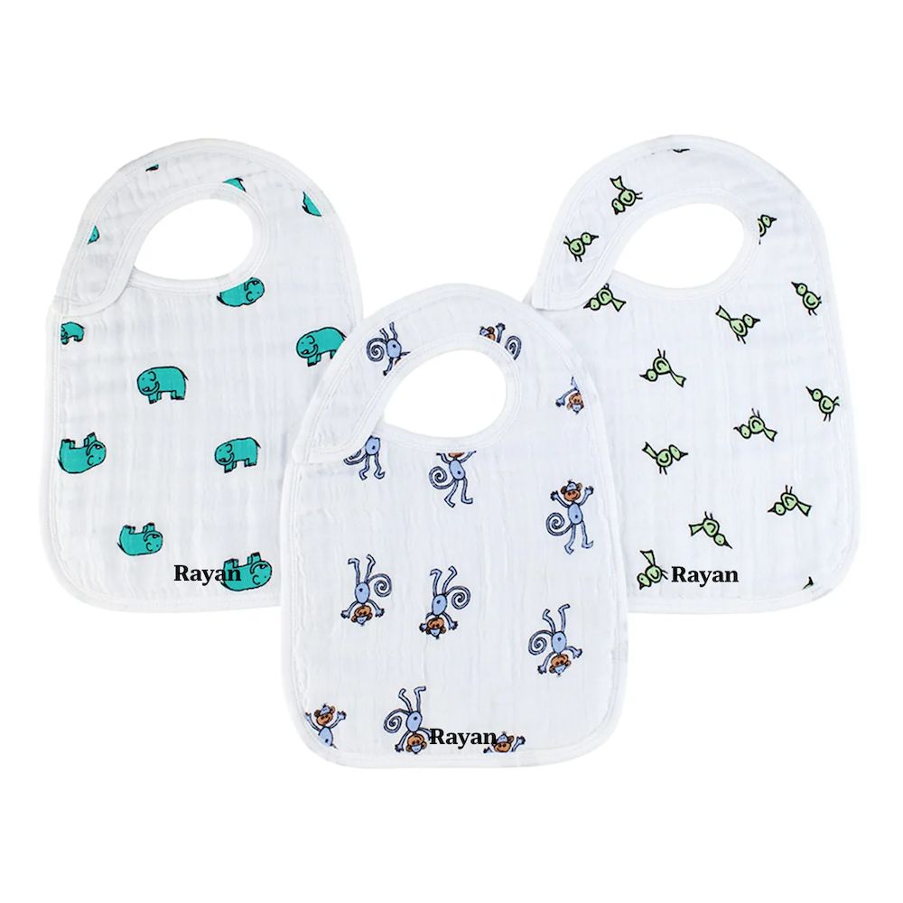 Aden + Anais - 3pc-Set - Personalized Cotton Muslin Snap Bibs - Jungle Jam