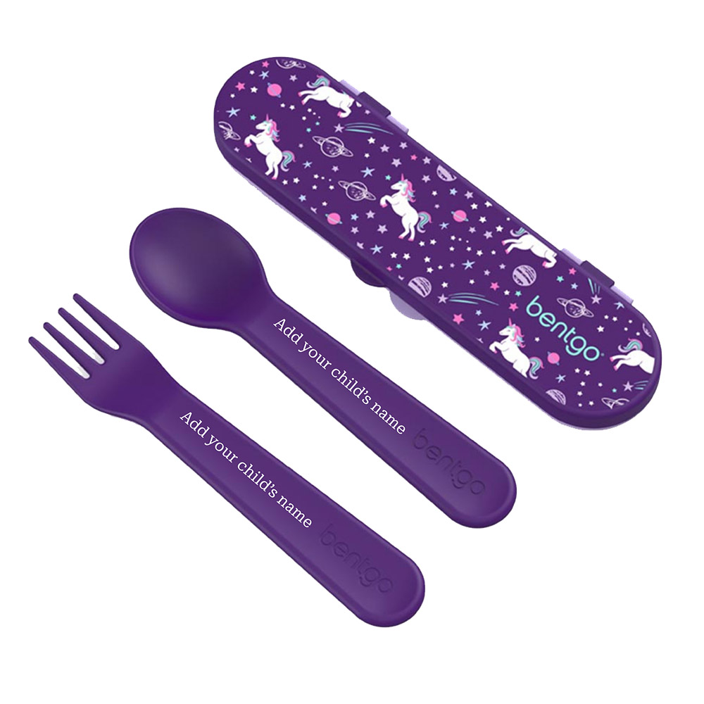 Bentgo - Personalized Kids Fork And Spoon With Storage Case - Unicorn - 3 Pc Set