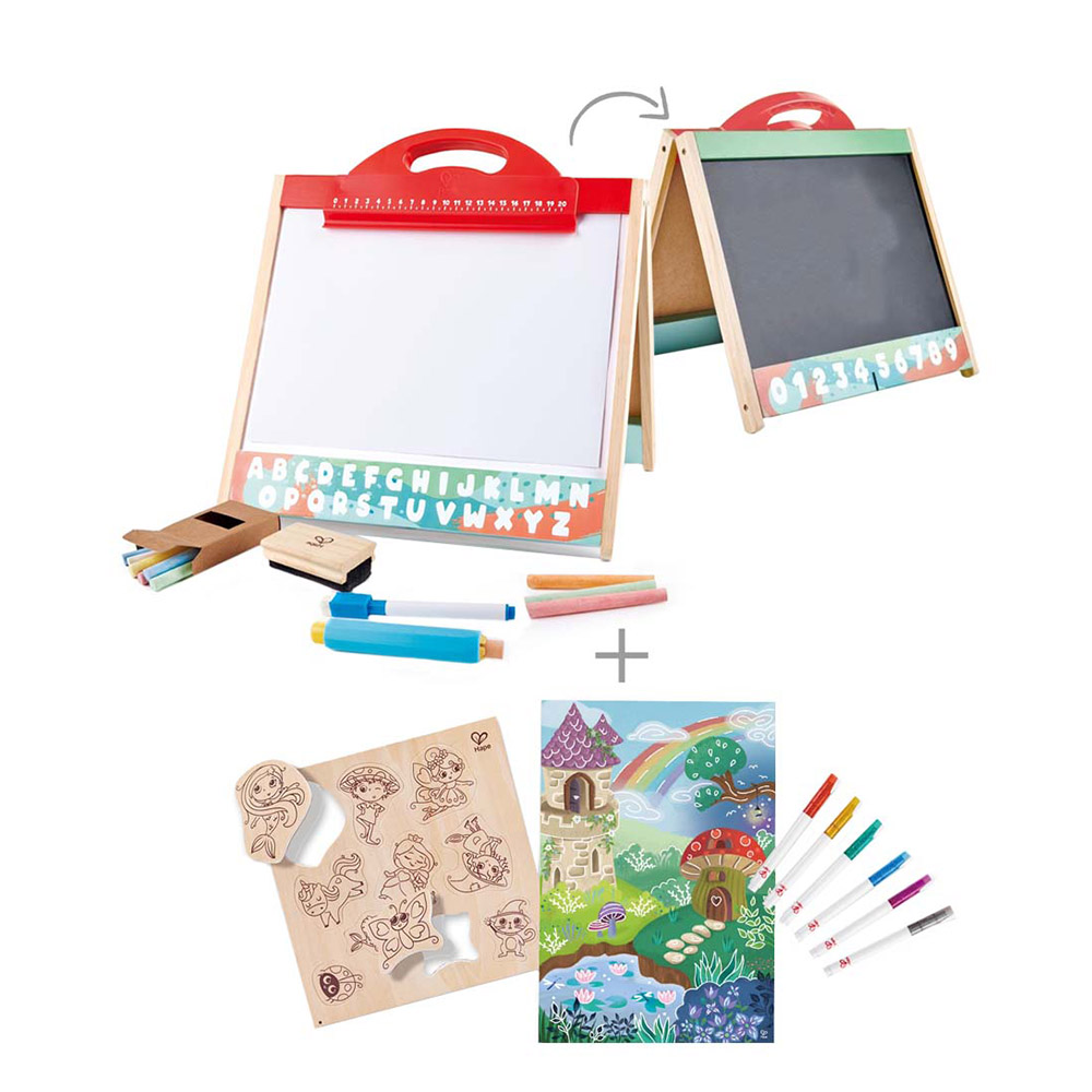 Hape - Personalized Store And Go Easel With Magic Friends DIY Magnets  Set - 17 Pc Set