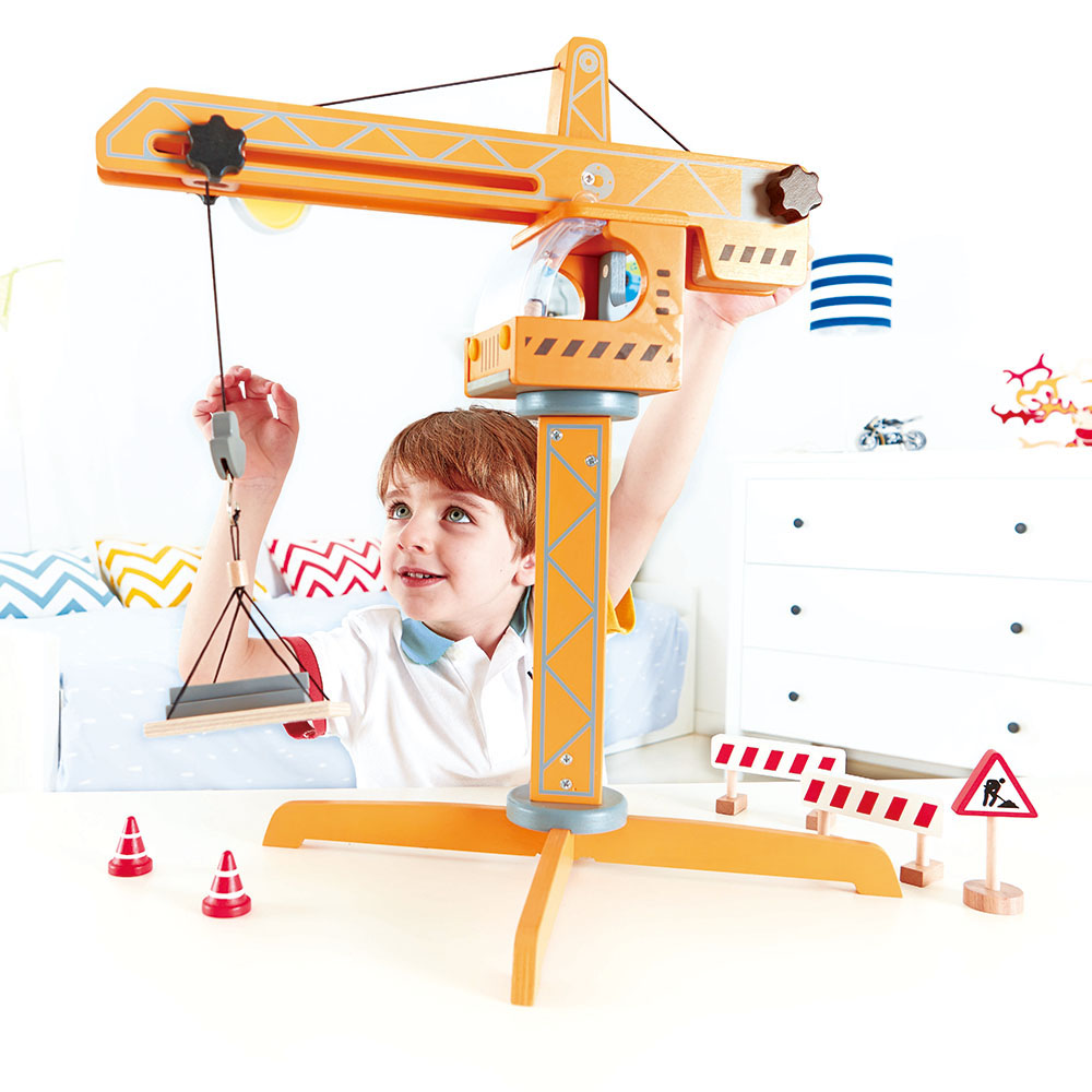 Hape - Personalized Construction Wooden Crane Lift Set - 10 Pc Set