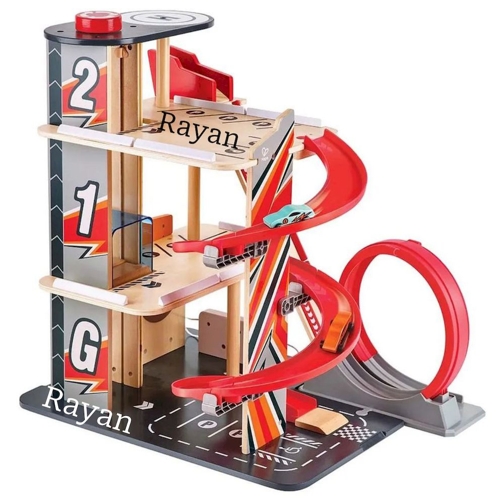Hape - Personalized 3-Level Gearhead Stunt Garage Playset - 3 Pc Set
