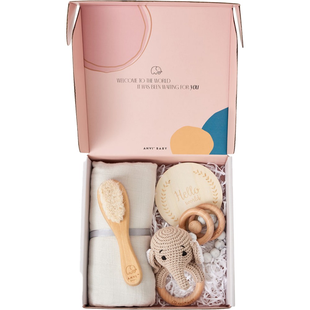 Anvi Baby - 5pc Set - Personalized Newborn Gift Set - Elephant