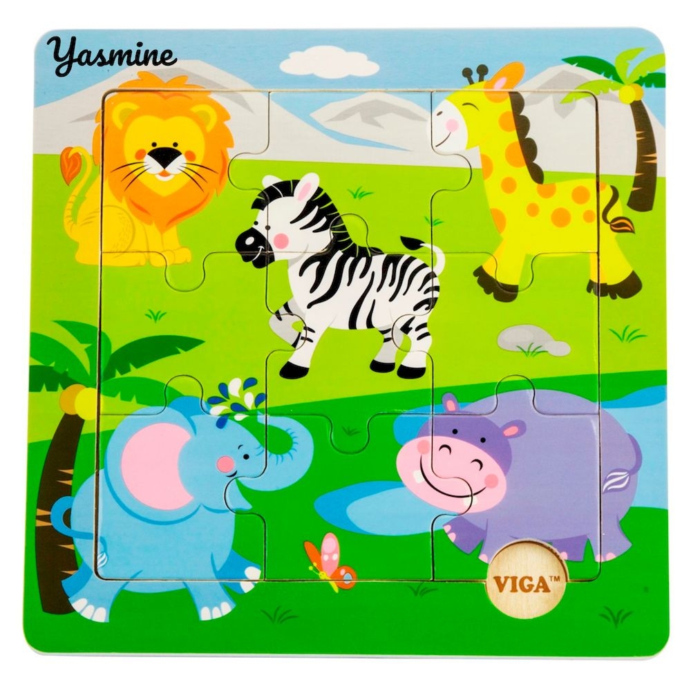 Viga - Personalized Wild Animals Jigsaw Puzzle Montessori Wooden Toy - Multicolor - 9 Pcs