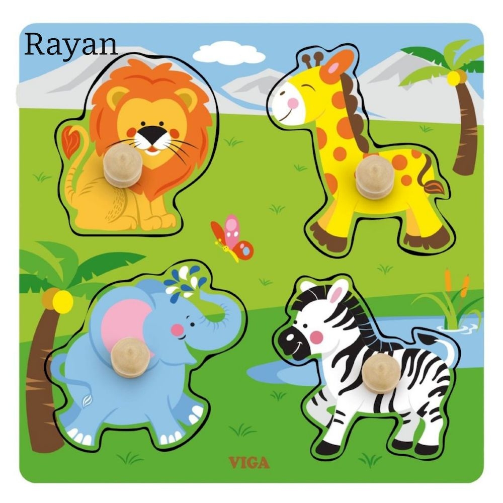 Viga - Personalized Wild Animals Knob Puzzle Montessori Wooden Toy - Multicolor - 4 Pcs
