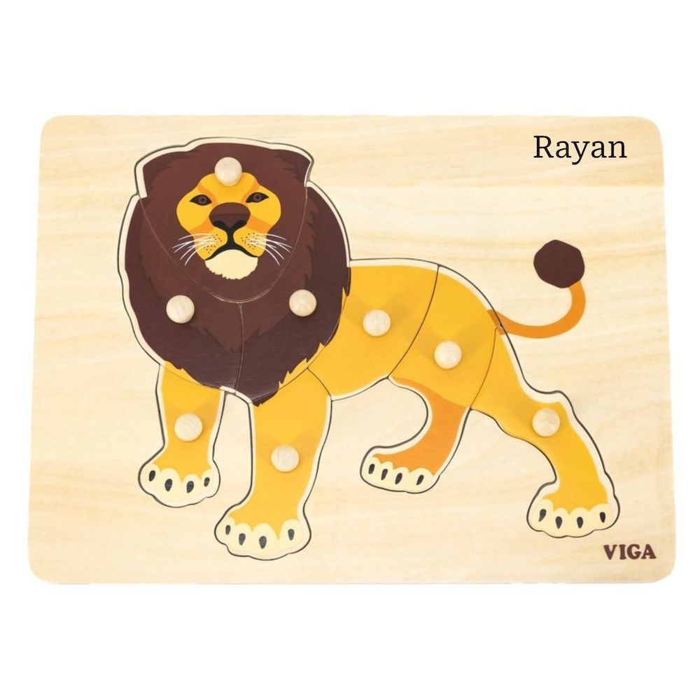 Viga - Personalized Wild Animals Montessori Knob Puzzle - Lion - 8 Pcs