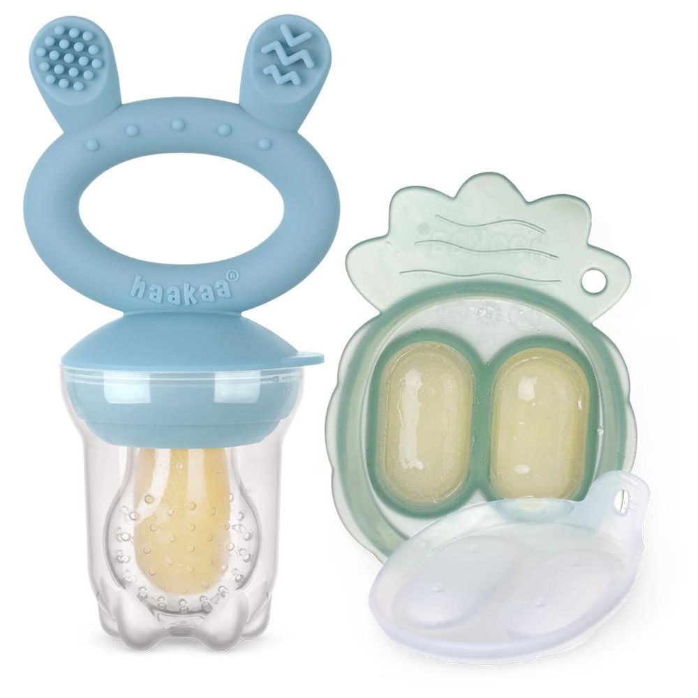 Haakaa - Freeze-N-Feed Fresh Food Feeder Teether And Nibble Tray Set - Sky Blue - 2pcs