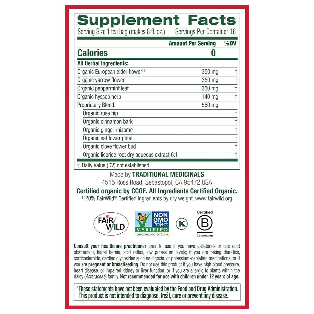 Traditional Medicinals - Organic Herbal Cold Care Elderflower Spice Tea - 16 Teabags