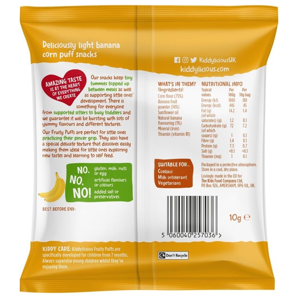 Kiddylicious - Banana Fruity Puffs - Pack of 6 - 10 gm