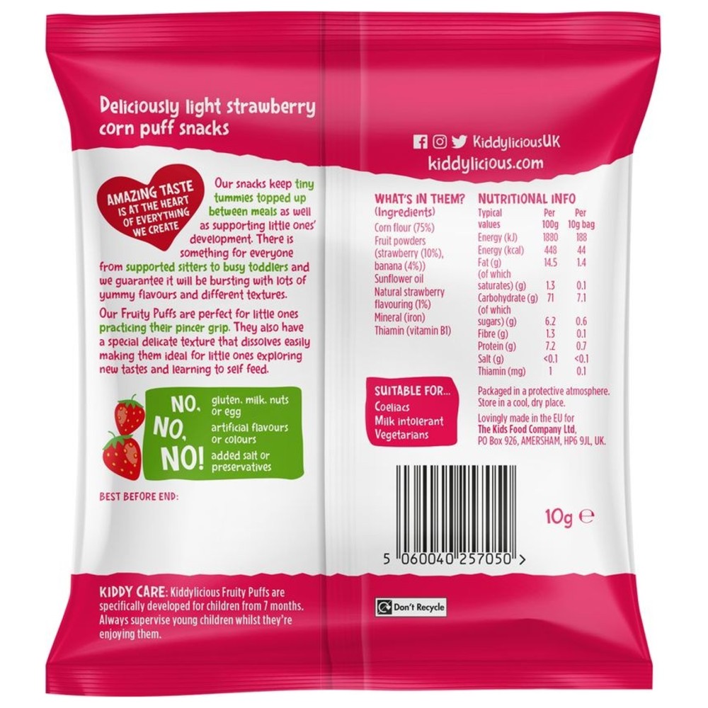 Kiddylicious - Strawberry Fruity Puffs - Pack of 6 - 10 gm