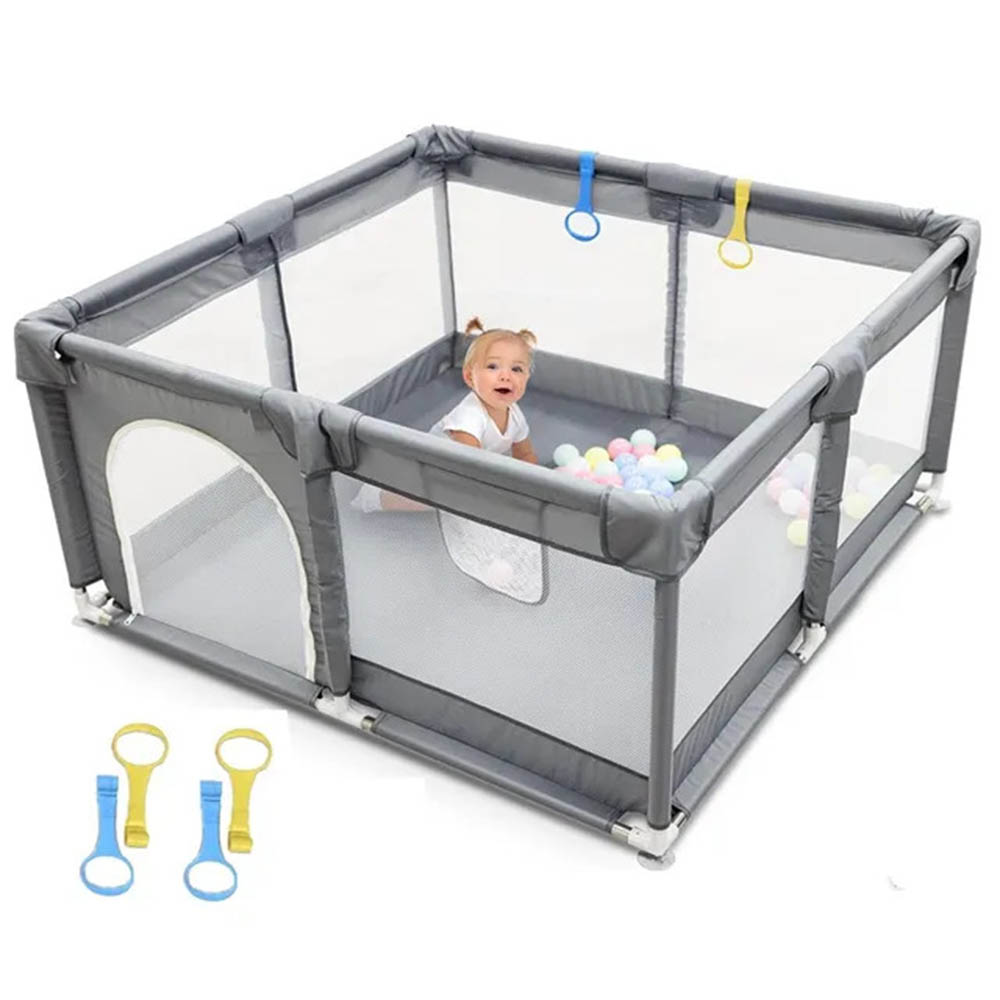 Star Babies - Baby Playpen With 4 Pull-Up Rings - Dark Grey - 120x120 cm