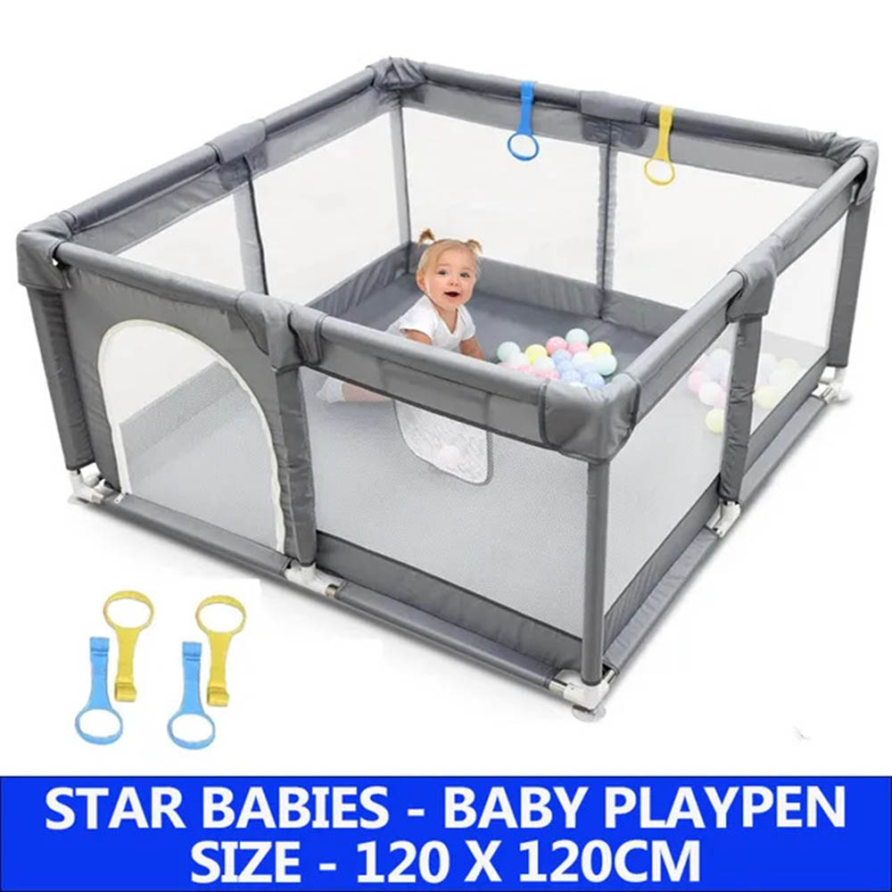 Star Babies - Baby Playpen With 4 Pull-Up Rings - Dark Grey - 120x120 cm