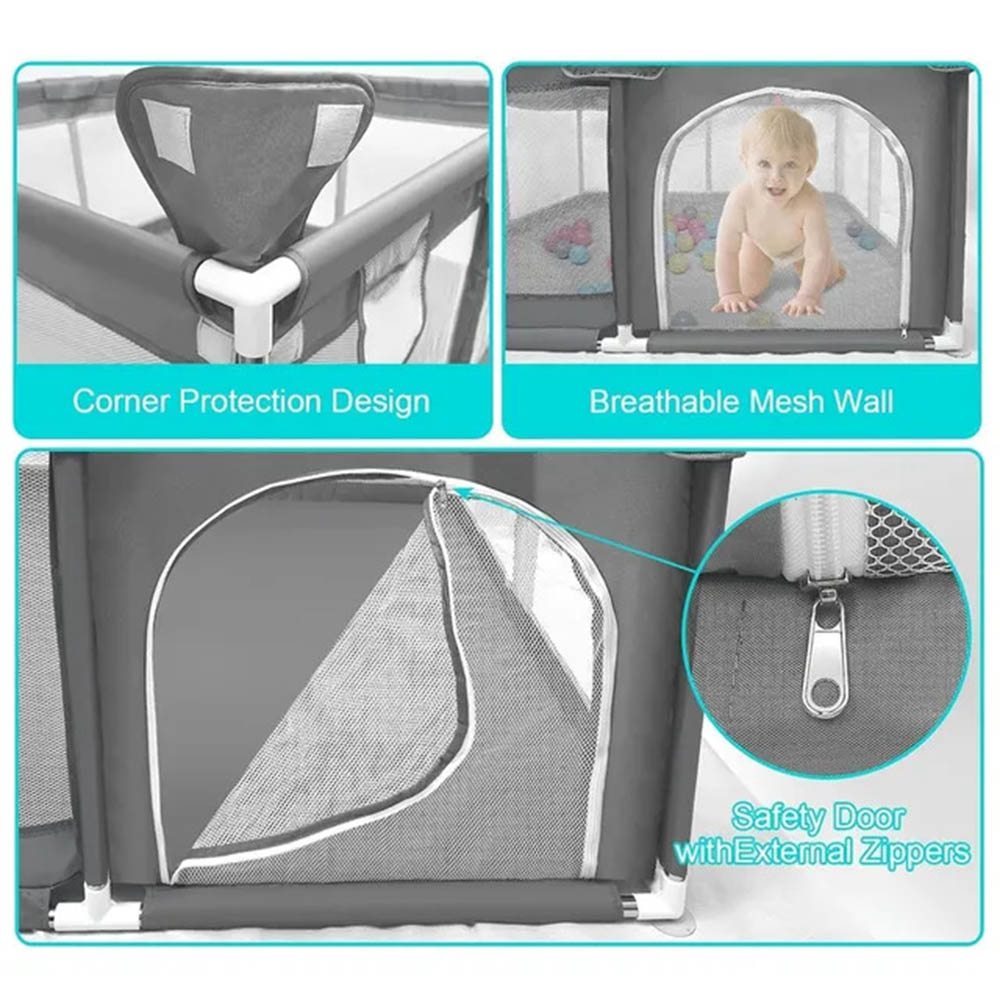 Star Babies - Baby Playpen With 4 Pull-Up Rings - Dark Grey - 120x120 cm