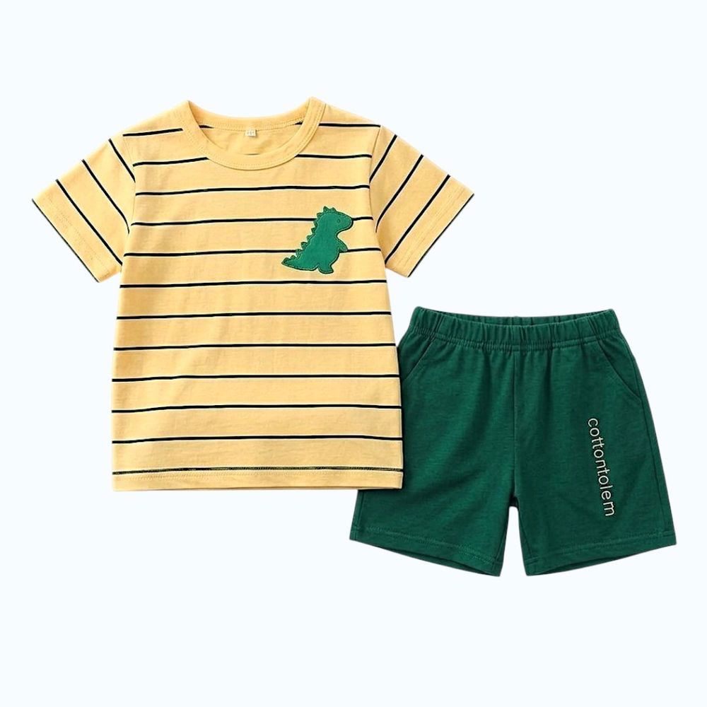Kinder Valley - 2pc-Set - Boy's Striped Dino T-Shirt & Shorts - Yellow/Green