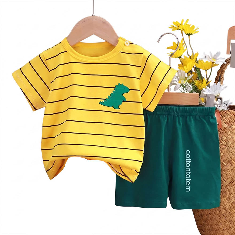 Kinder Valley - 2pc-Set - Boy's Striped Dino T-Shirt & Shorts - Yellow/Green