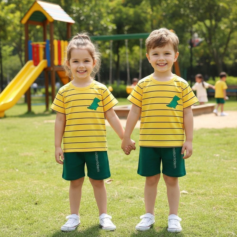 Kinder Valley - 2pc-Set - Boy's Striped Dino T-Shirt & Shorts - Yellow/Green