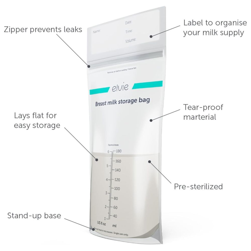 Elvie - Leak-Proof Breast Milk Storage Bags - Clear - 100  Pc Set - 180 ml