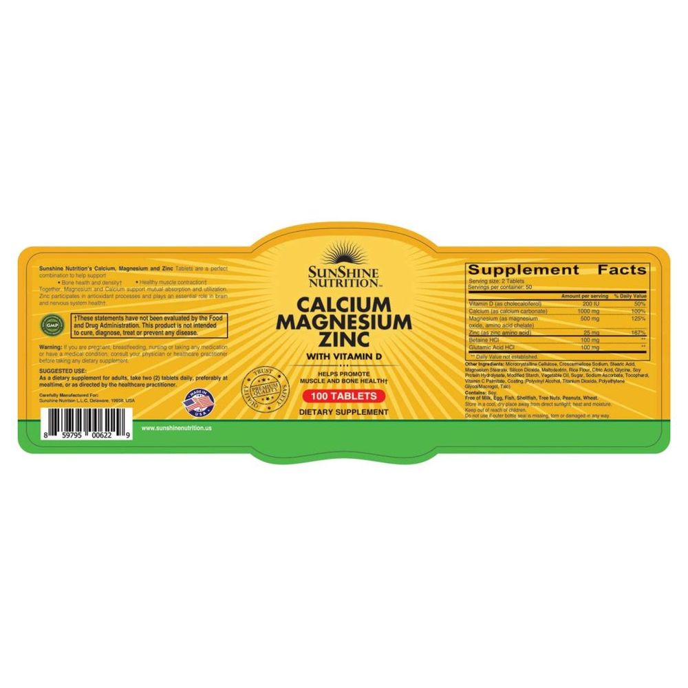 Sunshine Nutrition - Calcium Magnesium Zinc Tablets - 100 Pcs