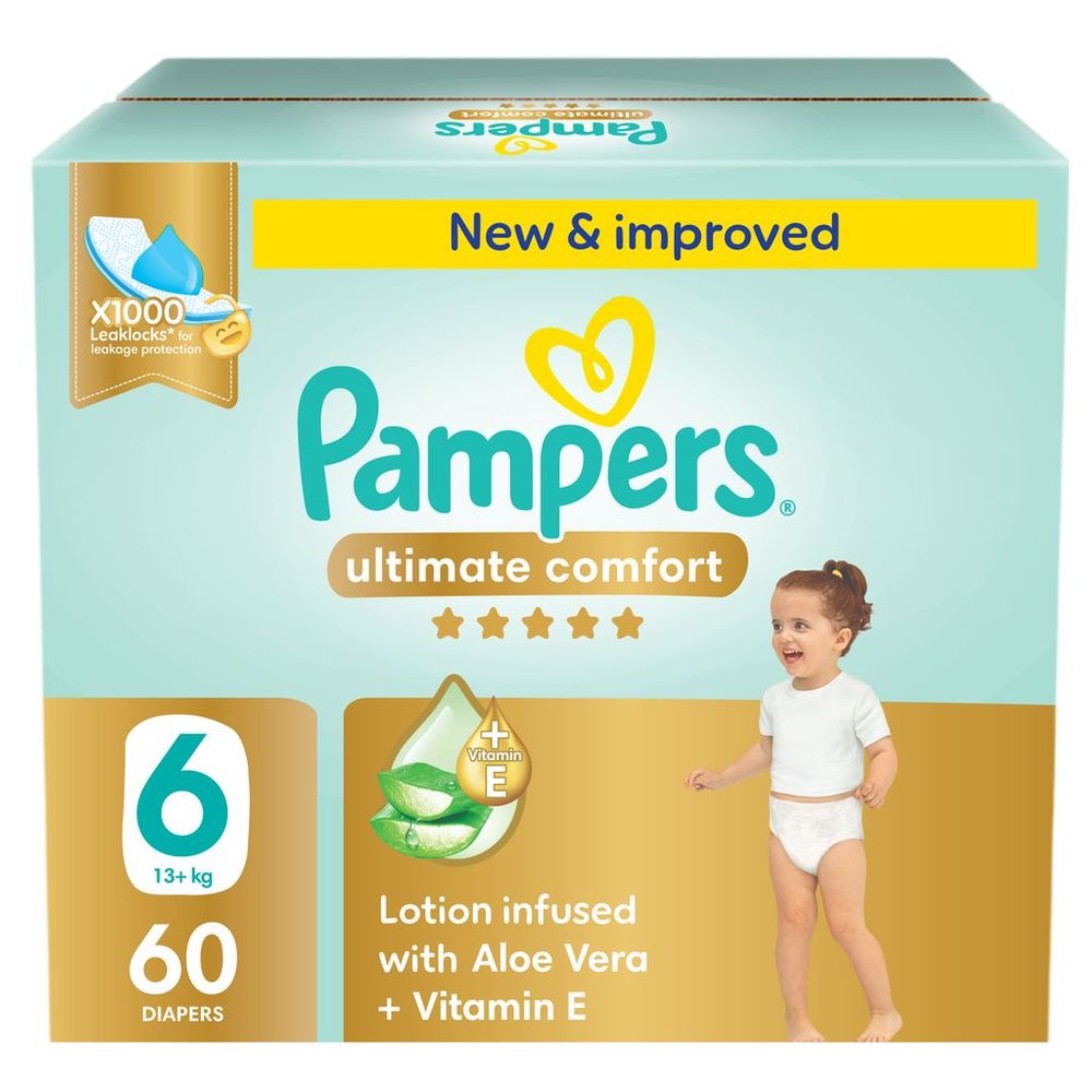 Pampers - Ultimate Comfort Taped Diapers - Giant Saving Box - Size 6 - 13 Plus kg - 60 Pcs