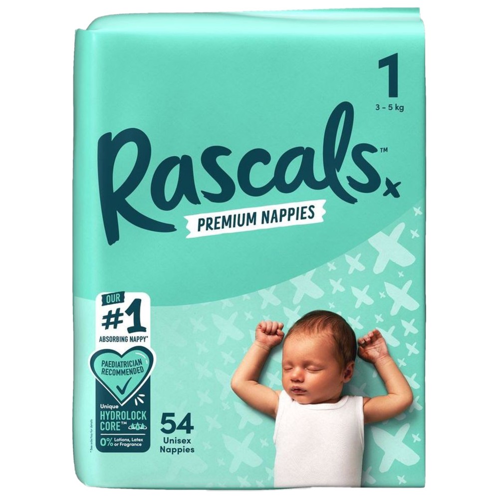 Rascals - Premium Baby Nappies - Size 1 - 3-5 kg - 54 Pcs