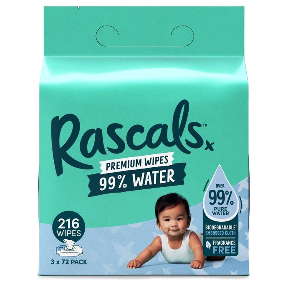 Rascals - Premium Water Wipes - Pack Of 3 - 216 Pcs