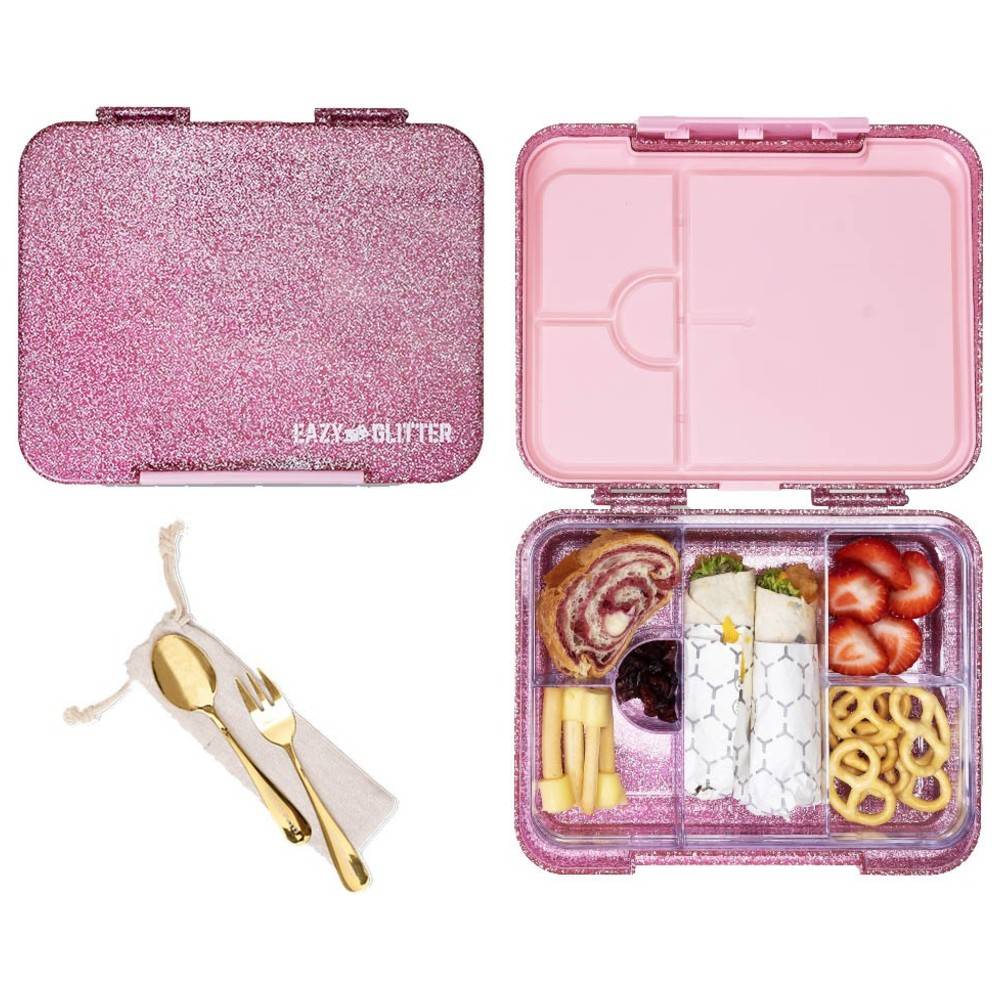 Eazy Kids - 6 And 4 Convertible Bento Lunch Box With Cutlery - Glitter Pink