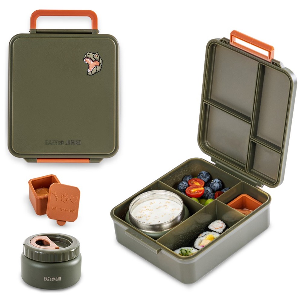 Eazy Kids - Jumbo Bento Lunch Box With Thermos & Dip Jar - Dino Green - 1.72 L