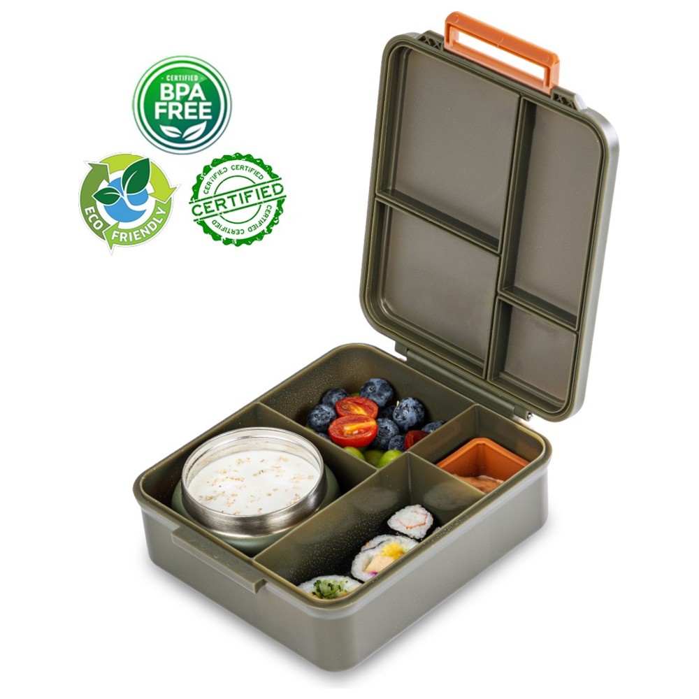 Eazy Kids - Jumbo Bento Lunch Box With Thermos & Dip Jar - Dino Green - 1.72 L