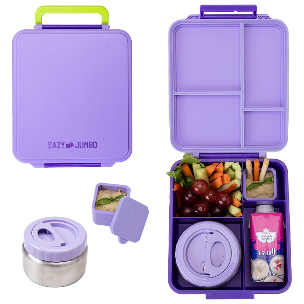 Eazy Kids - 4 Compartment Jumbo Bento Lunch Box With Thermos And Dip Jar - Purple