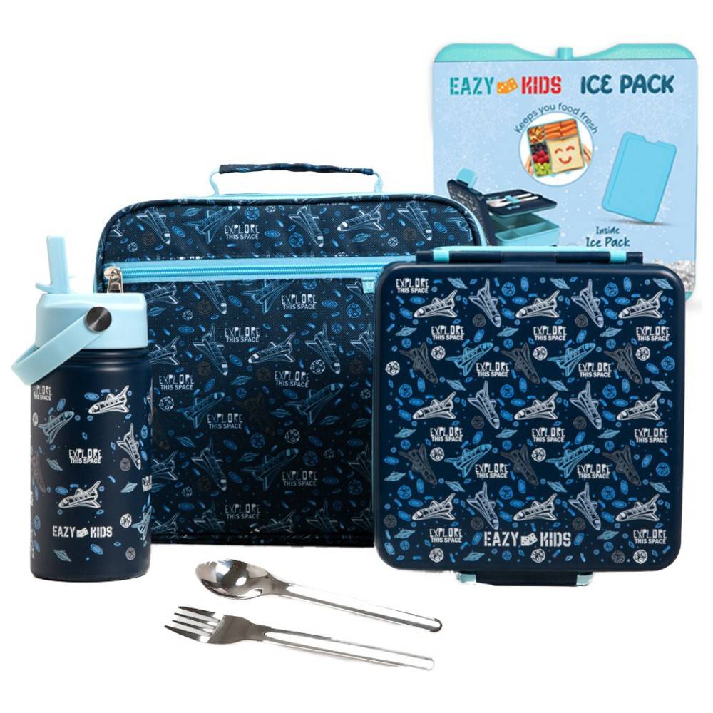 Eazy Kids - Jumbo Bento Lunch Box, Lunch Bag, Cutlery, Ice Pack & Bottle Set - Aircraft - 6 Pcs