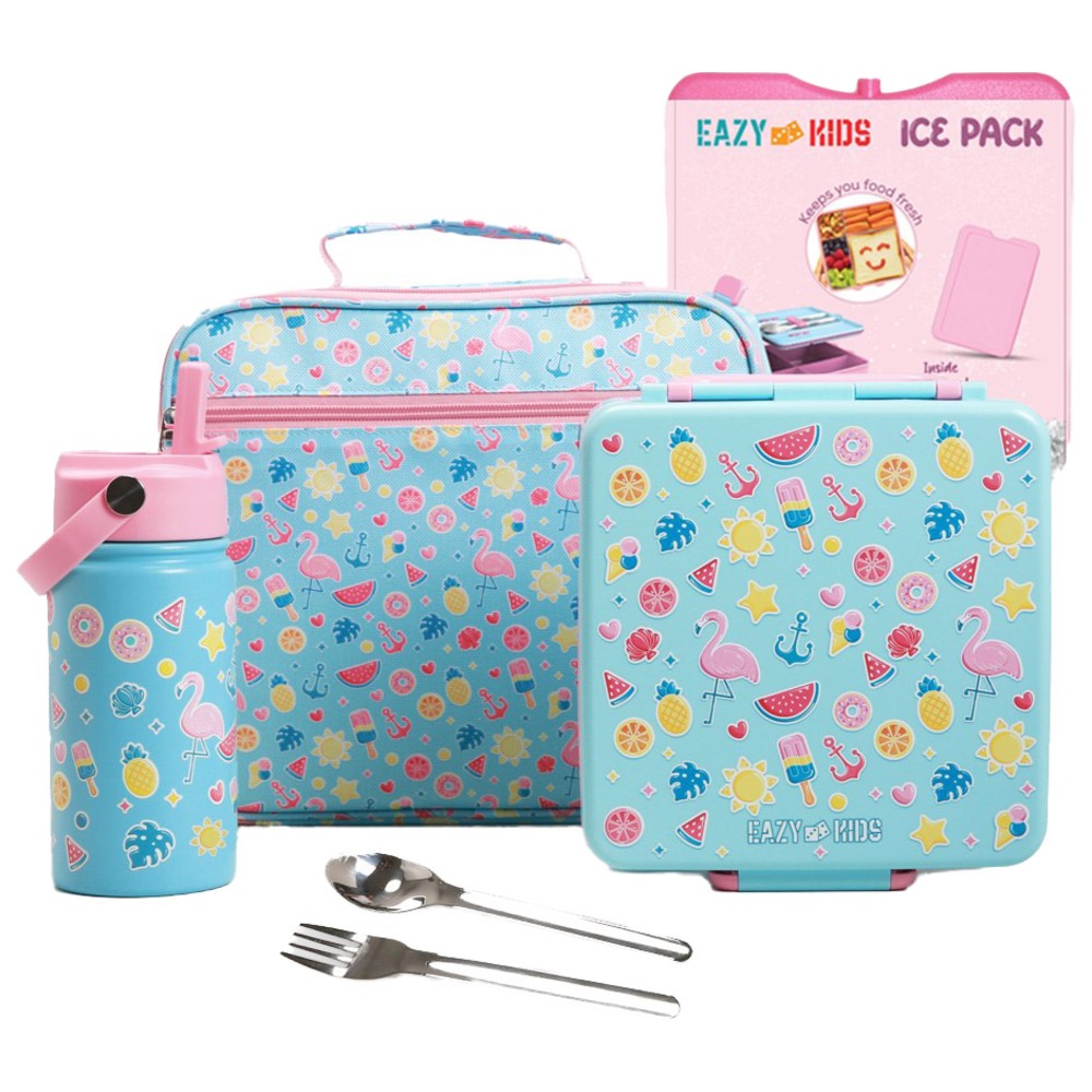 Eazy Kids - Jumbo Bento Lunch Box, Lunch Bag, Cutlery, Ice Pack & Bottle Set - Flamingo - 6 Pcs