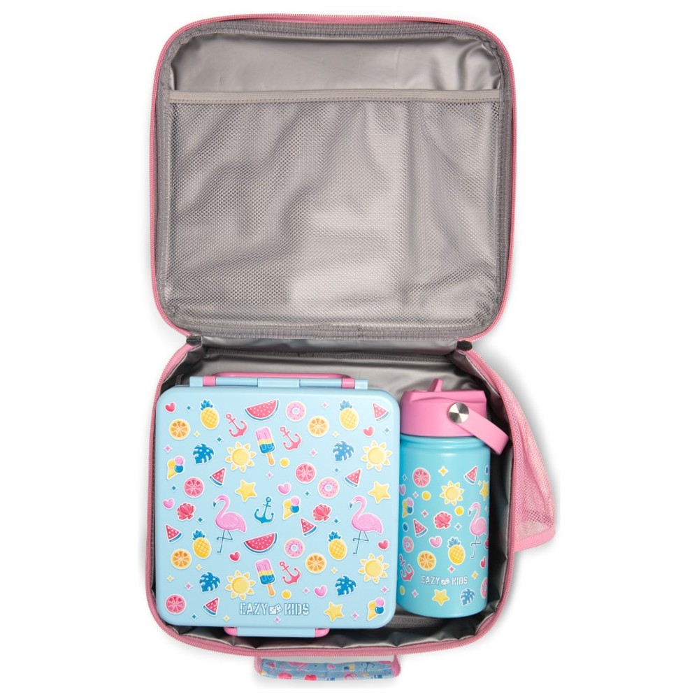 Eazy Kids - Jumbo Bento Lunch Box, Lunch Bag, Cutlery, Ice Pack & Bottle Set - Flamingo - 6 Pcs