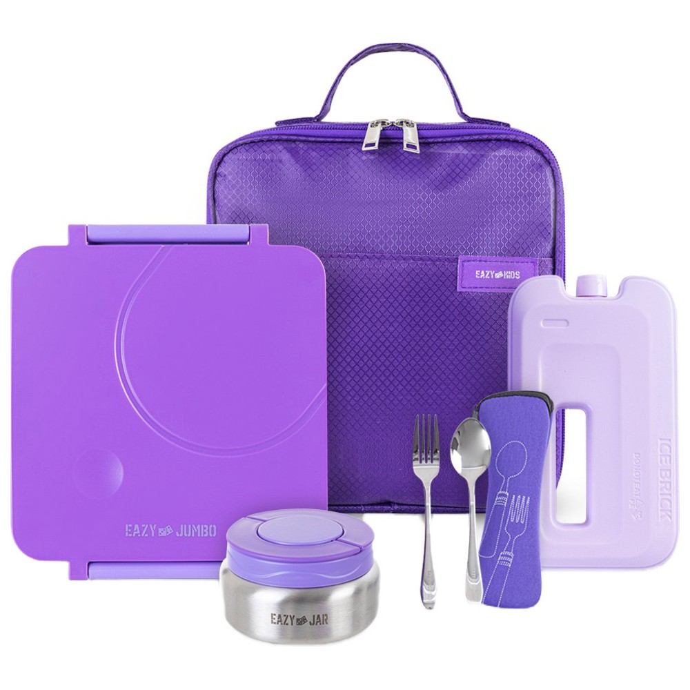 Eazy Kids - Jumbo Bento Lunch Box, Cutlery, Food Jar, Icepack And Lunch Bag Set - Purple - 6 Pcs
