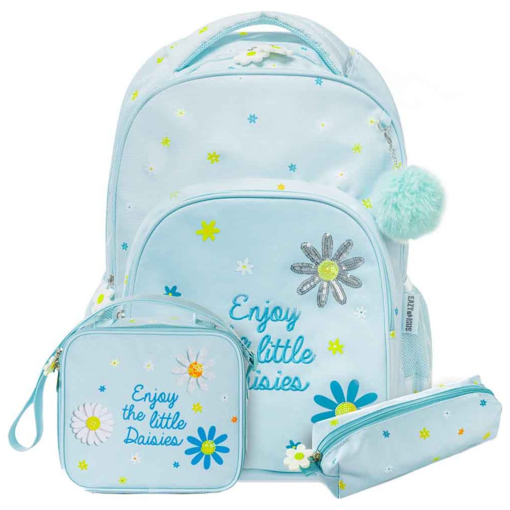 Eazy Kids - School Bag With Lunch & Pencil Bag - Daisy Green - 17-Inch