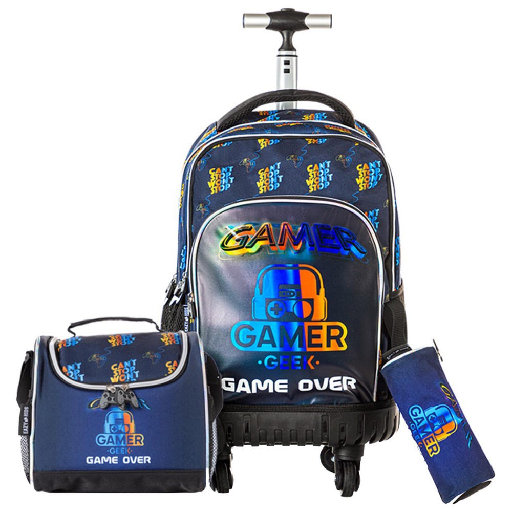 Eazy Kids - 4-Wheel School Trolley Bag, Lunch bag & Pencil Case Set - Gamer Edition - 3 Pcs - 18-Inch