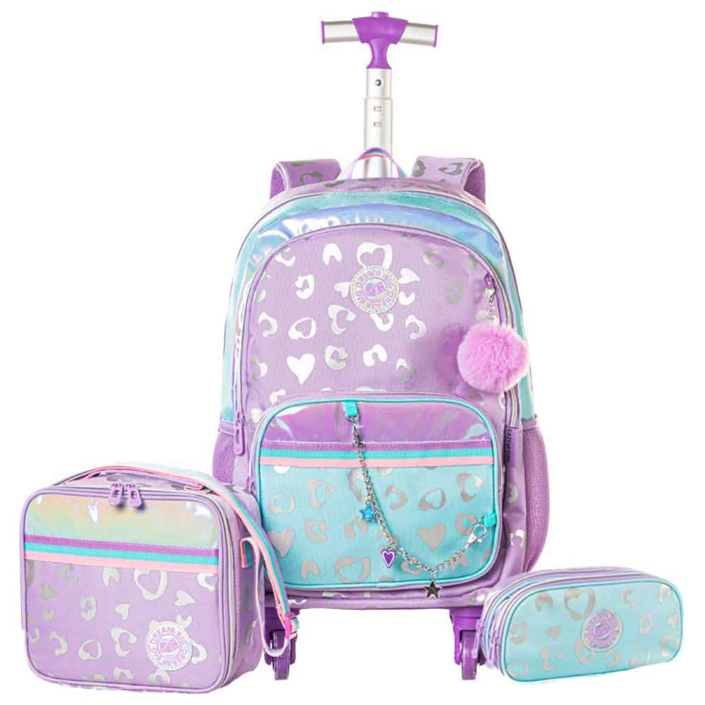 Eazy Kids - 4-Wheel Trolley School Bag, Lunch Bag & Pencil Case Set - Love Purple - 3 Pcs - 17-Inch