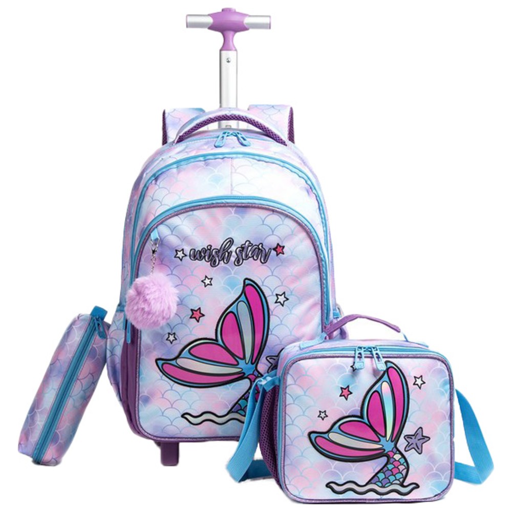 Eazy Kids - Trolley School Baackpack, Pencil Case & Lunch Bag Set - Mermaid - 3 Pcs - 18-Inch/46cm