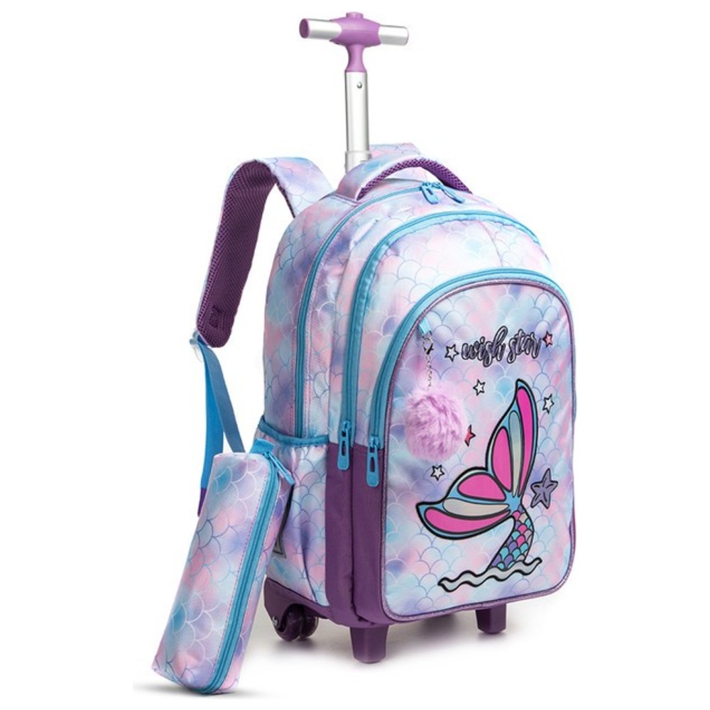 Eazy Kids - Trolley School Baackpack, Pencil Case & Lunch Bag Set - Mermaid - 3 Pcs - 18-Inch/46cm
