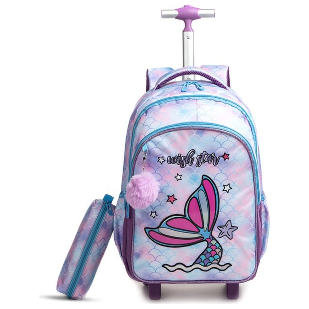 Eazy Kids - Trolley School Baackpack, Pencil Case & Lunch Bag Set - Mermaid - 3 Pcs - 18-Inch/46cm