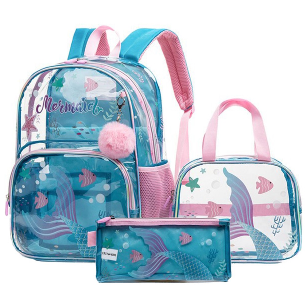 Eazy Kids - Backpack, Lunch Bag & Pencil Case Combo - Mermaid - 3 Pcs - 17-Inch/43.5cm